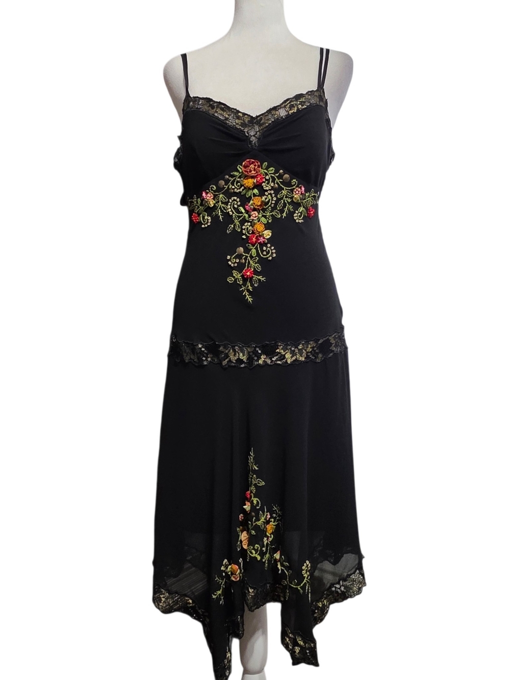 Cache Black Embroidered Floral Slip Dress Lace Handkerchief Hem Fairy Grunge 4 - Picture 2 of 13